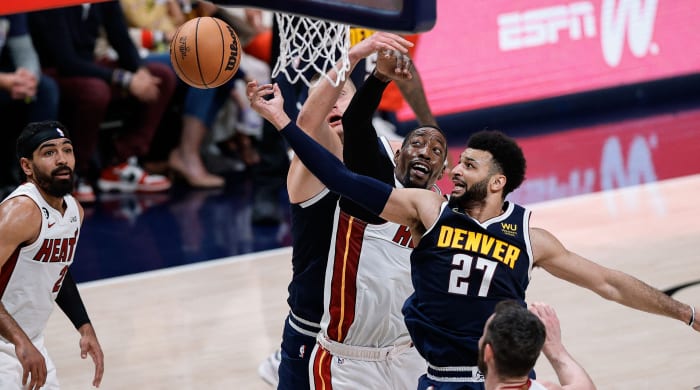 Denver Nuggets’ Jamal Murray playing againdt the Miami Heat in Game 2 of the 2023 NBA Finals.